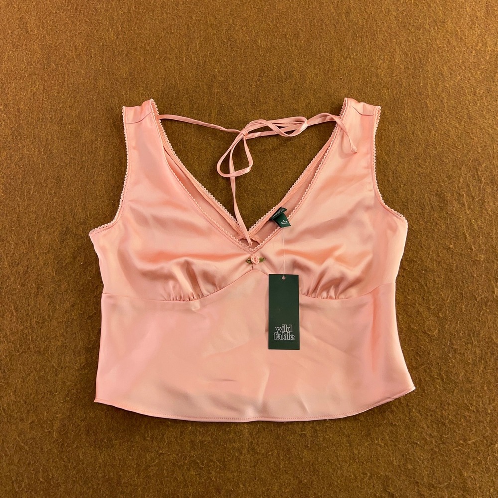 Wild Fable Womens Small Pink Satin Lace Trim Tie Back Cropped Cami Tank Top NWT